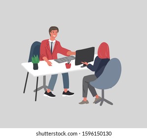 Office interior with an worker sitting at desks and communicating with a client or colleagues. Business deal or service. Vector cartoon concept illustration for business, finance, cover or banner