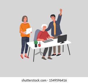 Office interior with workers communicating or talking to client or conversations between boss and trainee training. Vector cartoon concept illustration for business, finance, cover or banner