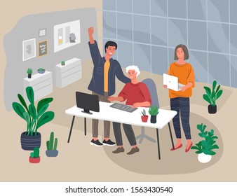 Office interior with workers communicating or talking to client or conversations between boss and trainee training. Vector cartoon concept illustration for business, finance, cover or banner