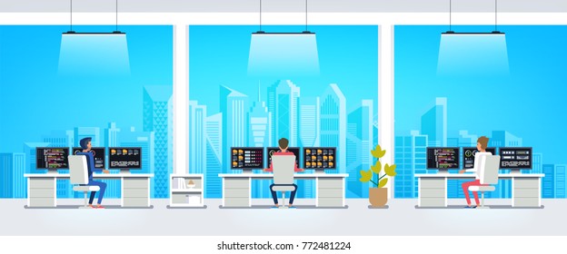 Office interior. workers sitting at desks and work on the computer. Vector illustration 