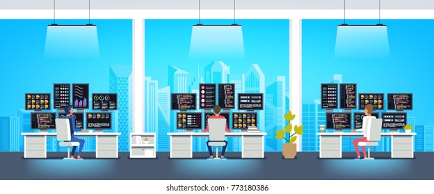 Office interior. workers sitting at desks and work on the computer. Vector illustration 