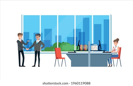 Office Interior with Working People Set, Male Partners Shaking Hands, Business Woman Working at Computer Cartoon Vector Illustration