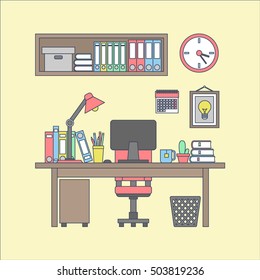 office interior working place in flat line style