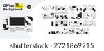Office interior and workplace backgrounds outline illustrations mega bundle. Meeting rooms, desks, coworking space, home workspace 2D linear images isolated. Collection black and white vector drawings