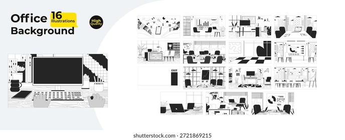 El interior de la oficina y los fondos del lugar de trabajo esbozan ilustraciones mega Paquete. Salas de reuniones, escritorios, espacio de coworking, espacio de trabajo en el hogar Imágenes lineales 2D aisladas. Dibujos de Vector en blanco y negro de colección