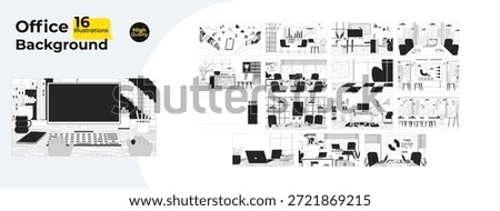 Office interior and workplace backgrounds outline illustrations mega bundle. Meeting rooms, desks, coworking space, home workspace 2D linear images isolated. Collection black and white vector drawings