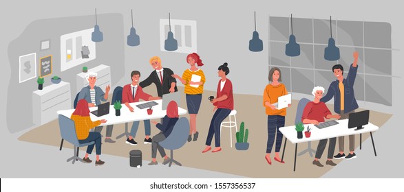 Office interior workplace with group workers communicating or talking to client or conversations between teamwork or meeting, brainstorming. Vector cartoon concept illustration for business