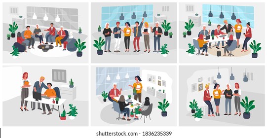 Office interior workplace with group workers communicating or talking to client or conversations between teamwork or meeting, brainstorming. Vector cartoon concept illustration for business