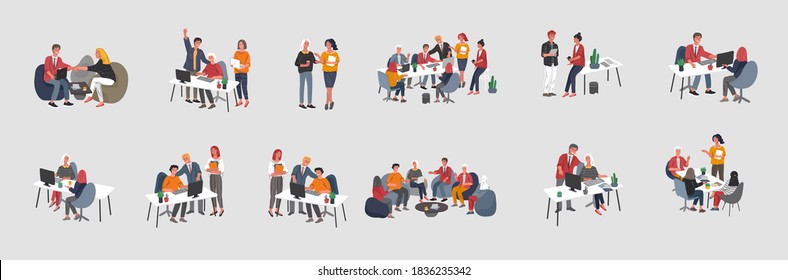 Office interior workplace with group workers communicating or talking to client or conversations between teamwork or meeting, brainstorming. Vector cartoon concept illustration for business