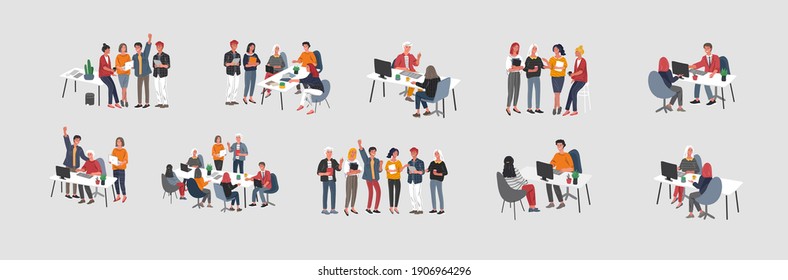 Office interior workplace with group workers communicating or talking to client or conversations between teamwork or meeting, brainstorming. Vector cartoon concept illustration for business