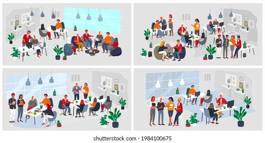 Office interior workplace with group workers communicating or talking to client or conversations between teamwork or meeting, brainstorming. Vector cartoon concept illustration