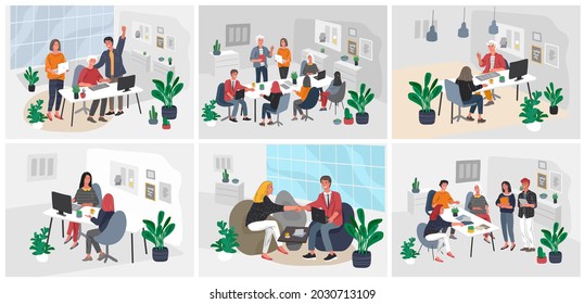Büroeinrichtung mit Gruppenarbeitern, die mit dem Kunden kommunizieren oder mit ihm sprechen oder Gespräche zwischen Teamwork oder Meeting, Brainstorming. Vektorgrafik-Concept-Illustration
