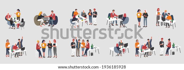 Office interior\
workplace with group workers communicating or talking to client or\
conversations between teamwork or meeting, brainstorming. Vector\
cartoon concept\
illustration
