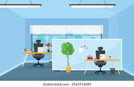 Office interior. Workplaces in the office with partitions. Cabinet. Commercial real estate.