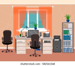 Office interior workspace with furniture and stationery. Workplace organization in home environment. Flat style vector illustration..