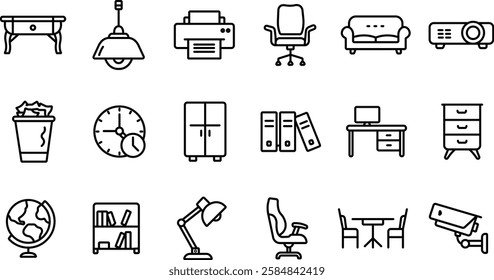 "Office Interior and Workspace Icon Set - Linear Outline Collection"