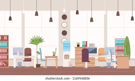 Office Interior and Workspace. Modern Office Desktop with Computer. Optimization of Workplace. Open Space Office with Furniture. Working Space with Furniture. Flat Vector Illustration.