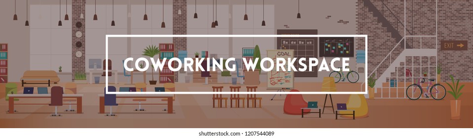 Office Interior and Workspace. Modern Office Desktop in Coworking Workspace. Optimization of Workplace. Open Space Office with Furniture. Working Space with Furniture. Flat Vector Illustration.