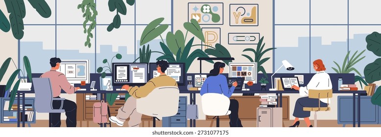 Espacio de trabajo interior de oficina. Personas en los escritorios de la computadora en el lugar de trabajo moderno del espacio abierto. Ambiente de trabajo Corporativa, equipo de negocios, empleados sentados en las mesas, vista posterior. Ilustración vectorial plana