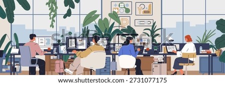 Office interior workspace. People at computer desks in modern open space workplace. Corporate work environment, business team, employees sitting at tables, back view. Flat vector illustration