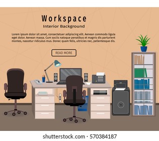 Office interior workspace. Workplace organization concept. Web design banner. Flat style vector illustration