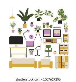 Office interiors creation kit of different furniture, accessories and plants. Create your own design of workplace. Set of vector elements in flat cartoon design.
