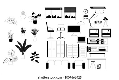 Office interiors creation kit of different furniture, accessoriesand plants. Create your own design of workplace. Set of vector elements or icons in flat cartoon design.