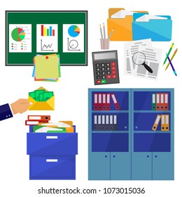 Office interiors creation kit of different furniture, accessories. Set of vector elements. Flat design.