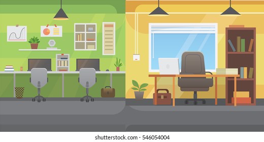 Office interiors horizontal banners. Bussines workplace with computer and table