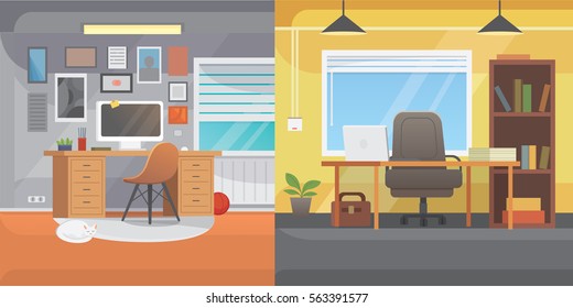Office interiors horizontal banners. Bussines workplace with computer and table