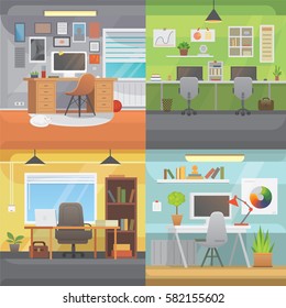 Office interiors horizontal banners. Bussines workplace with computer and table