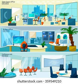 Office Interiors Horizontal Banners Set With Conference Hall And Open Space Office With Modern Furniture Vector Illustration  