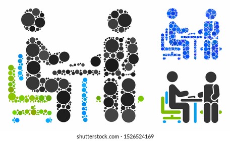 Office interview mosaic for office interview icon of circle elements in different sizes and color hues. Vector round elements are united into blue mosaic.