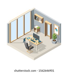 Office Isometric. Business Interior With Furniture Chair Desk Computer 3d Vector Low Poly Illustrations