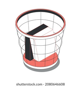 Office isometric composition with isolated image of rubbish basket with documents vector illustration