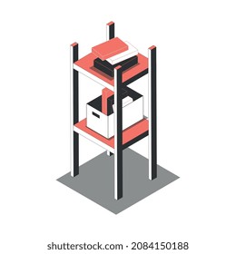 Composición isométrica de Office con imagen aislada de estantes con cajas y carpetas de documentos ilustración vectorial