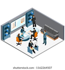 Composición isométrica de la oficina con el personal durante la negociación telefónica de reuniones de negocios y en el lugar de trabajo ilustración vectorial