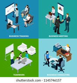 Office isometric design concept with staff training negotiation team work and business consulting isolated vector illustration
