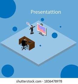 
Ilustración isométrica de Office. Presentación con horario en la oficina del jefe. Se puede utilizar para la presentación