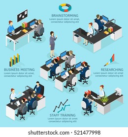 Office isometric infographics with brainstorming researching staff training business meetings 3d descriptions vector illustration