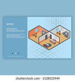 Office. Isometric interior building with 3d images. Isometric illustration design for interiors, buildings, room and more.

