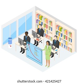 Office in an isometric view. In a transparent board with graphs is a woman and points to a growing chart.