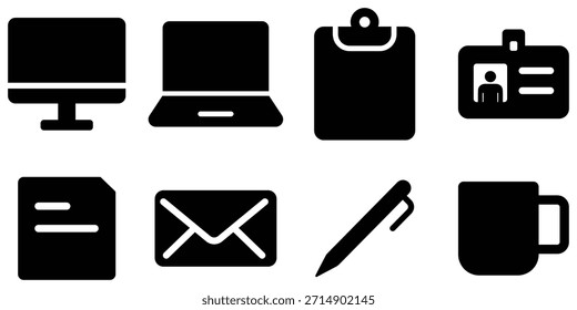 Conjunto de silhueta de item de escritório, Pacote de ícone de papelaria local de trabalho, Coleção de equipamentos de negócios