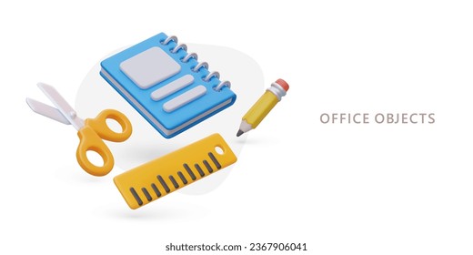 Office items. 3D scissors, notebook, pencil, ruler. Floating vector objects. Concept with text on white background. Color advertising template for stationery store