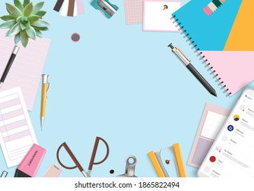 Office items background with organizer pen and houseplant realistic vector illustration