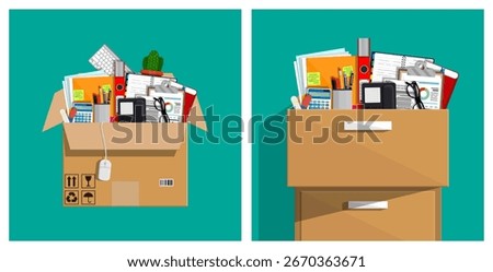 Office items in a cardboard box and on a cabinet, symbolizing moving, relocation, or change in business.