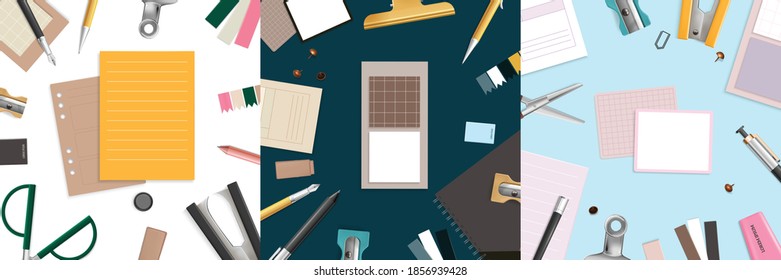 Office items design concept with scissors pencil and pen realistic isolated vector illustration