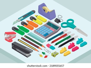 Office items. desktop plugins. School supplies. In color isometric view. Vector illustration of office work.