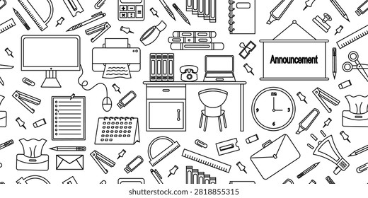 Office items doodle seamless pattern background. Workspace items doodle line pattern. Office supplies doodle seamless design. Business workspace doodle pattern background.