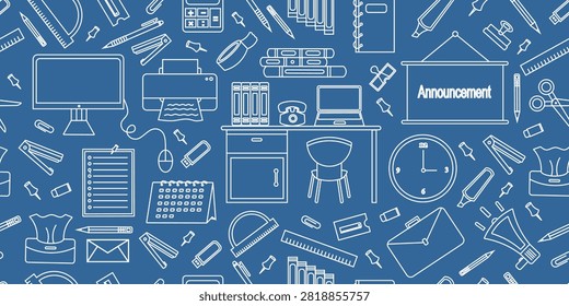 Office items doodle seamless pattern background. Workspace items doodle line pattern. Office supplies doodle seamless design. Business workspace doodle pattern background.